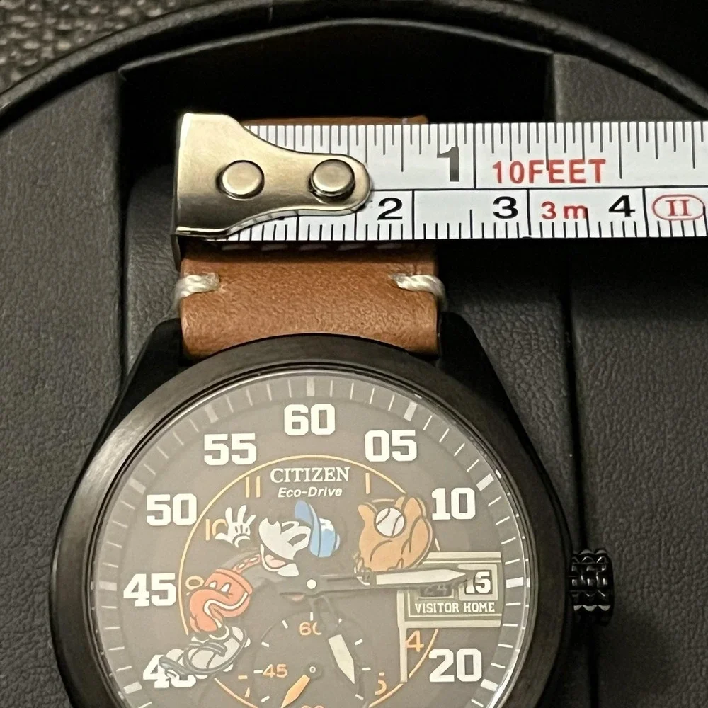 Citizen Eco-Drive Mickey Sport Watch Mens 44mm Gray Dial Brown Leather New Box